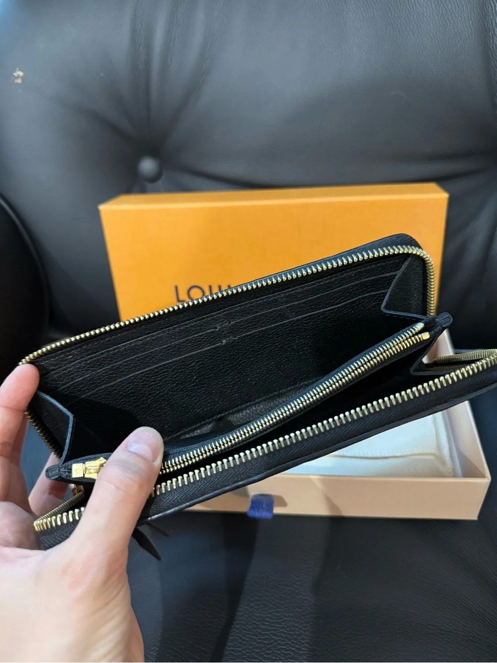 Louis Vuitton Clémence Black Monogram Zip Wallet in Embossed Leather With Box